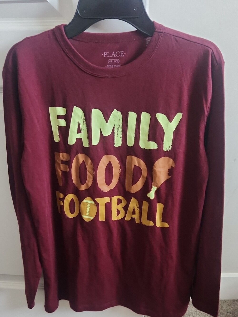Boy's Long Sleeve "Family, Food Football" Graphic Tee Shirt. Size 10.